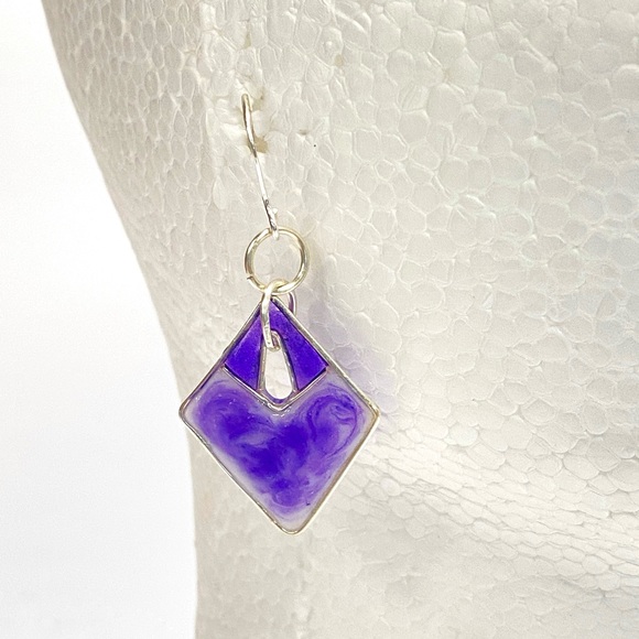 HANDMADE Abstract Geometric Resin Art Dangle Sterling Silver French Hook Earring - Picture 7 of 9